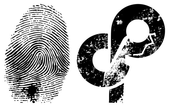 Black and white fingerprint alongside phi symbol with distressed texture, vector art, isolated design elements, scientific and mathematical motifs.