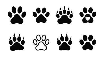 Fototapeta premium Animal paw print icons set, black silhouette of dog and cat footprints, wild bear and wolf claw marks, 8 vector elements for pet shop branding