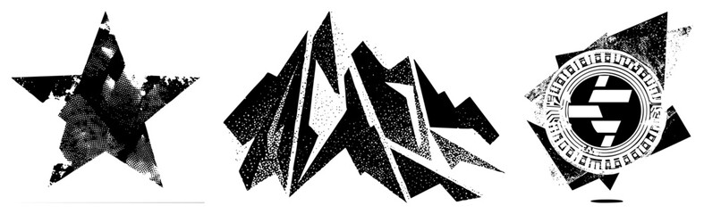 Obraz premium Stylized abstract emblems featuring star, mountain, and circular motifs with halftone, vector graphic, design, modern emblem set.