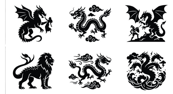 Mythical dragon and lion silhouettes, set of 6 fantasy creature icons, medieval beast vector graphics for gaming and heraldry