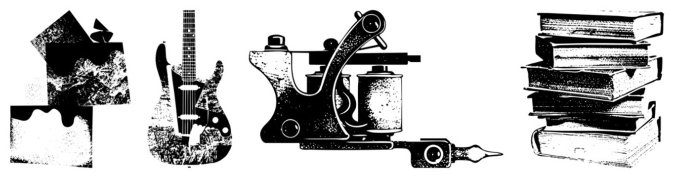 Black and white halftone vector set tattoo machine, electric guitar, book stack, abstract paper shapes. Classic retro style, isolated elements for design projects.