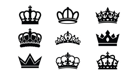Royal crown vector icons set, black heraldic tiara and diadem silhouettes, 9 elegant monarch headwear symbols for luxury branding © Robiul