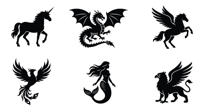 Mythical creatures silhouette collection, 6 fantasy beast vector icons, black dragon unicorn phoenix and mermaid set, heraldic griffin and pegasus symbols