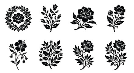 Obraz premium Vintage floral silhouette collection, set of 8 black flower vector icons, elegant botanical motifs for wedding invitations and logo design