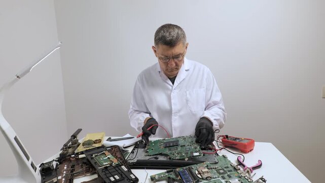 Technician repairing computer motherboard using multimeter, electronics specialist testing circuit board components on workbench