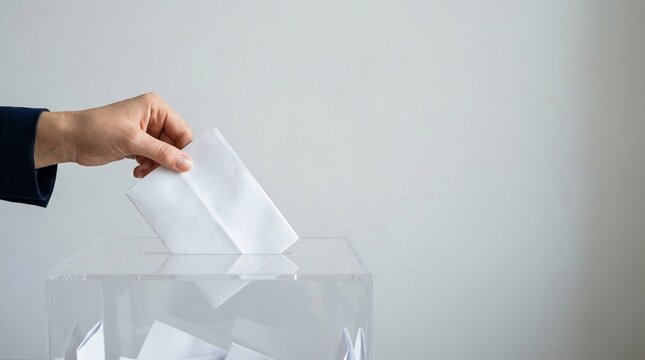Close-up of a person's hand putting a white ballot envelope into a transparent plastic voting box. Minimalist concept of election, democracy, and civic duty on gray background. Large copy space.
