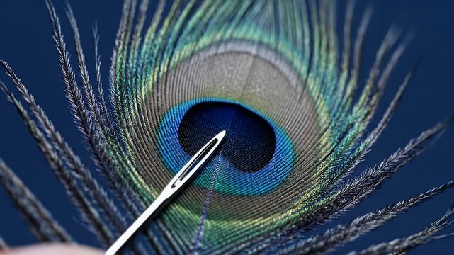 Close-up macro of a needle piercing the vibrant blue and green eye of a peacock feather