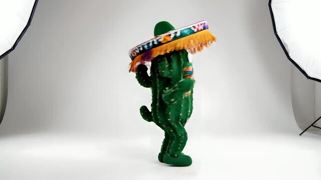 Cactus disfrazado con sombrero y maracas bailando para el Cinco de Mayo, personaje divertido celebrando fiesta mexicana, ideal para promociones festivas y marketing de eventos.