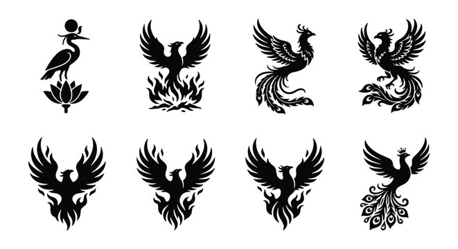 Mythical phoenix bird silhouettes set, 8 black firebird icons and Egyptian heron symbols, tribal phoenix rising from flames vector graphics
