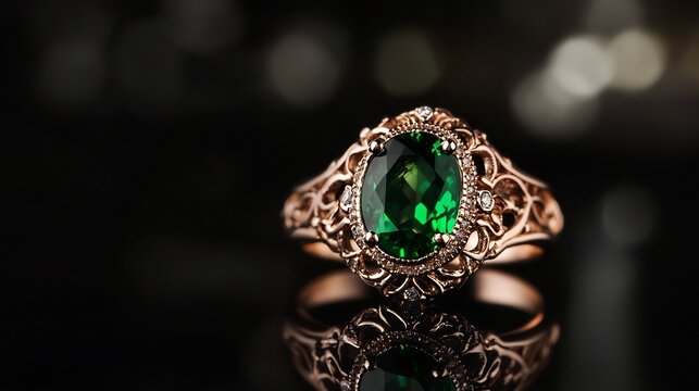 Vintage inspired ring with an oval emerald stone surrounded by intricate lace like detailing crafted from rose gold placed on a reflective black surface to capture its elegance