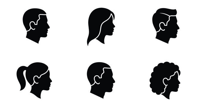 Minimalist human head profile silhouettes, set of 6 diverse male and female avatar icons, black side view face portraits for user interface design