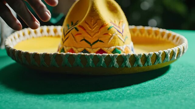 Sombrero mexicano amarillo colocado sobre mesa verde para celebraci&oacute;n de Cinco de Mayo, manos preparando fiesta tradicional, cultura y herencia mexicana para promociones festivas.