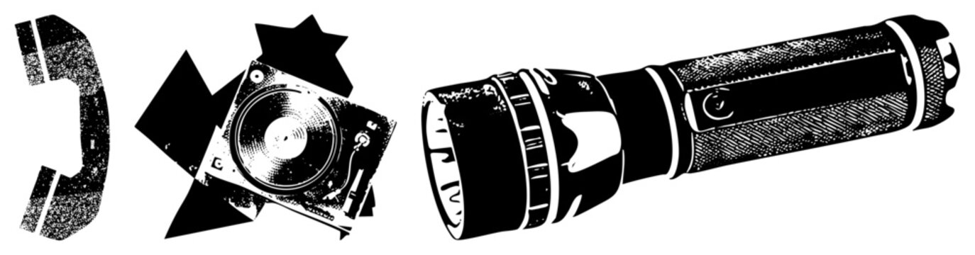 Retro telephone receiver, vinyl record player, and flashlight rendered in halftone style, classic analog tech, isolated vector graphic.