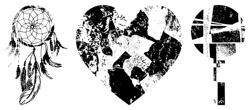 Black/white grunge vector dreamcatcher, cracked heart, fractured key symbolic for emotional/spiritual themes.