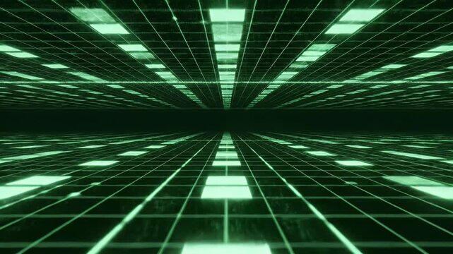 A green digital tunnel with glowing grid lines receding into darkness