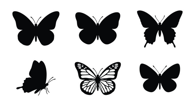 Black butterfly silhouette collection, set of 6 decorative insect icons, minimalist monarch and swallowtail butterfly shapes for graphic design