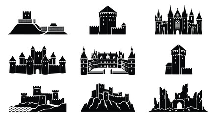 Medieval castle silhouette icons, set of 9 historic fortress and palace vector elements, ancient stone citadel and ruins graphics for map design © Shaila