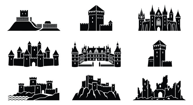 Medieval castle silhouette icons, set of 9 historic fortress and palace vector elements, ancient stone citadel and ruins graphics for map design