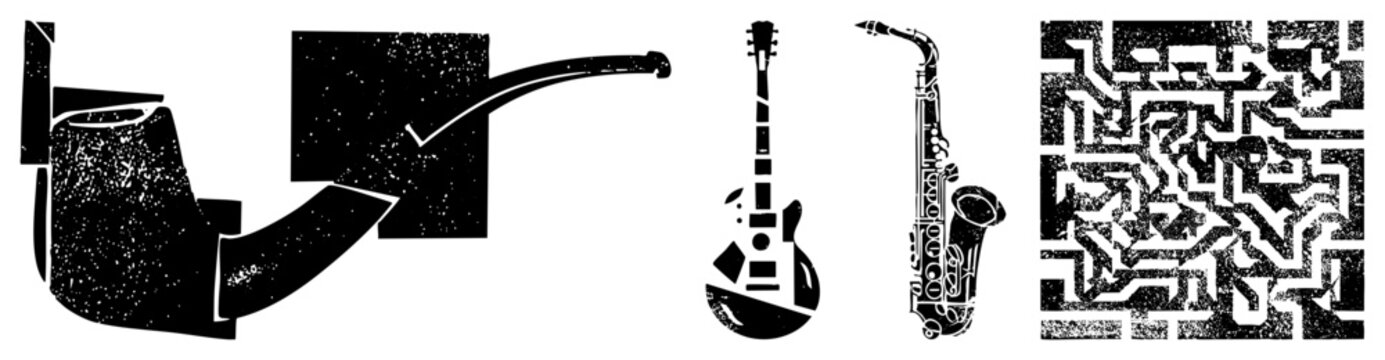 Grunge style black silhouettes of pipe, guitar, saxophone, and maze, textured with speckles, vector art, isolated, creative design elements.