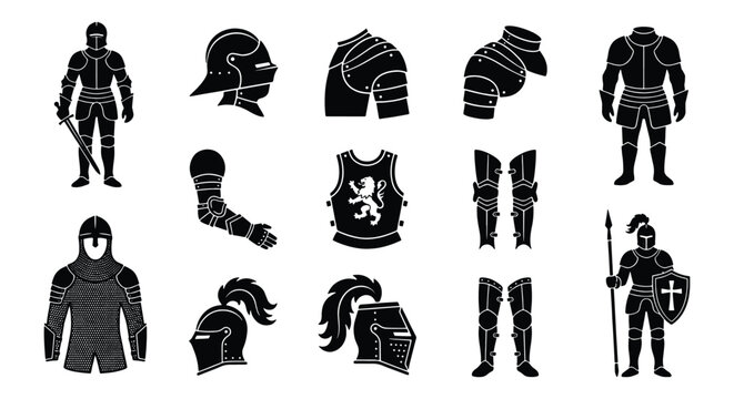 Medieval knight armor silhouettes, set of 13 black vector icons featuring plate mail, helmets, and shields, historic warrior equipment for gaming