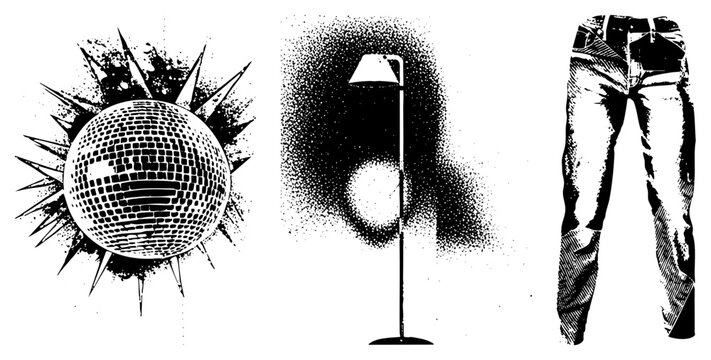 Retro disco ball with rays, minimalist floor lamp with gradient, denim jeans with houndstooth halftone vector style. Synonyms mirror ball, disco sphere, lounge light, vintage
