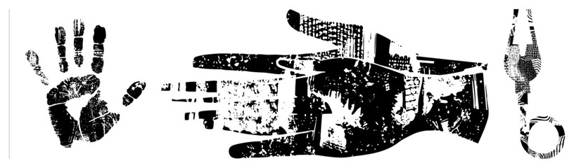 Fototapeta premium Graphic design elements featuring handprints and scissors, bold stencil texture, isolated vector art, printmaking style, creative cutout graphics.