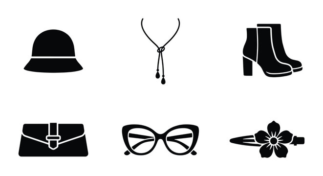 Minimalist fashion accessories icon set, black silhouette female clothing elements, 6 vector icons including hat, boots, and handbag for retail design