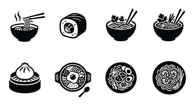 Japanese Asian Food Icon Set, Black and White Vector Illustrations of Ramen, Sushi, Dim Sum, and Noodle Bowls, 8 Minimalist Culinary Symbols