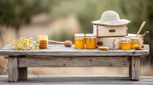 Beekeeping Setup with Wooden Boxes and Honey Jars on Rustic Table