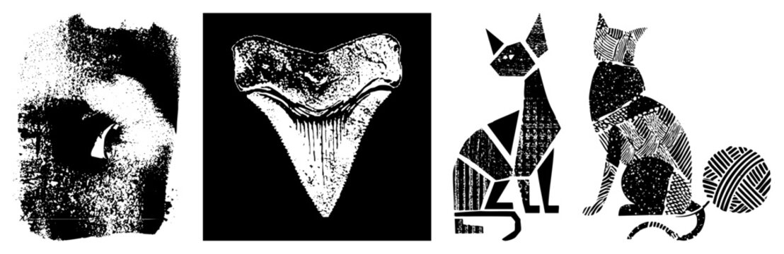 Halftone textured shark tooth, stylized cat eye, geometric cat cutouts with yarn ball, vector art, black and white, isolated design elements.