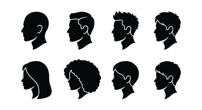 Male and female hair silhouette set, collection of 8 diverse hairstyle profile icons, black head outlines for barbershop and salon branding
