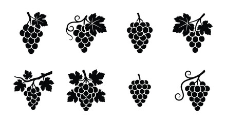 Naklejka premium Vintage grape cluster icons set, black silhouette vineyard fruit with leaves, 8 vector elements for wine label design and organic food branding