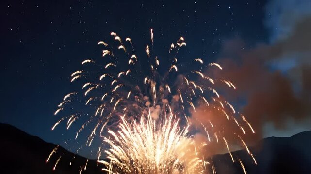 Fuegos artificiales estallan sobre monta&ntilde;as en noche estrellada, celebraci&oacute;n vibrante para Cinco de Mayo y eventos festivos, chispas doradas iluminando el cielo nocturno profundo.