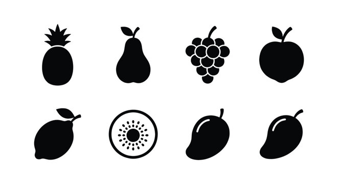Minimalist fruit icon set, black silhouette fruit vector collection, 8 flat organic food symbols for grocery and menu design