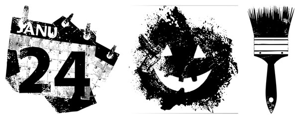 Fototapeta premium Grungy Halloween jack o lantern with splattered ink texture, paintbrush, calendar date 