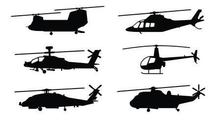 Military and civilian helicopter silhouettes, set of 6 aircraft vector icons, black chopper profiles for aviation and defense design © Shaila