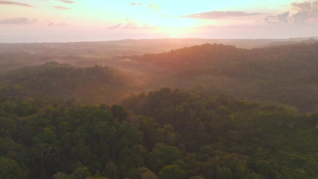 Drone flight over red glowing jungle at sunrise with mist in valleys. Moving towards Golfo Dulce. Osa Peninsula, Costa Rica.