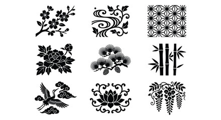 Traditional Japanese floral motifs set, 9 black and white vector icons, oriental botanical patterns with crane and bamboo for textile design © Shaila