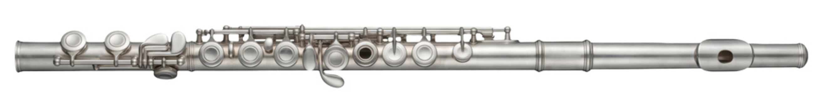 Silver transverse flute musical instrument isolated on transparent background
