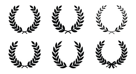 Laurel wreath vector set, black heraldic olive branch icons, 6 circular foliage frames for awards and achievement symbols © Shaila