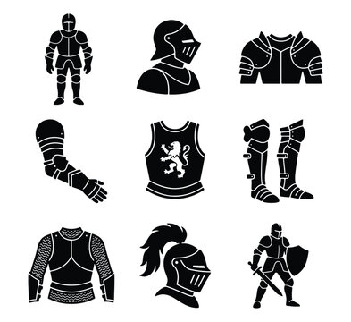 Medieval knight armor icons set, black silhouette warrior equipment collection, 9 vector elements including helmet, breastplate, and gauntlet