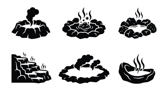 Minimalist hot spring icons set, black and white geyser and thermal pool vector illustrations, volcanic onsen and geothermal steam elements