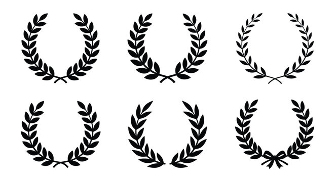 Laurel wreath vector set, black heraldic olive branch icons, 6 circular foliage frames for awards and achievement symbols