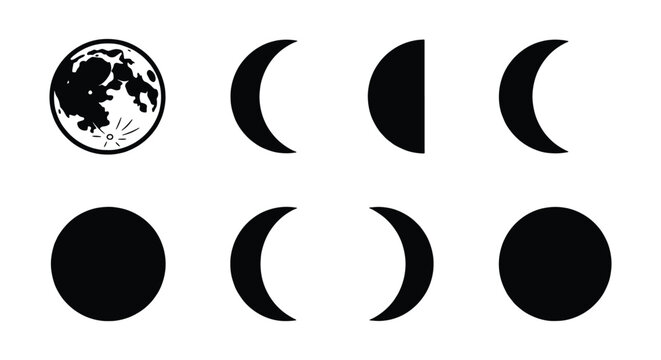 Minimalist moon phases icon set, black lunar cycle vector silhouettes, celestial astronomy symbols for calendar and astrology design