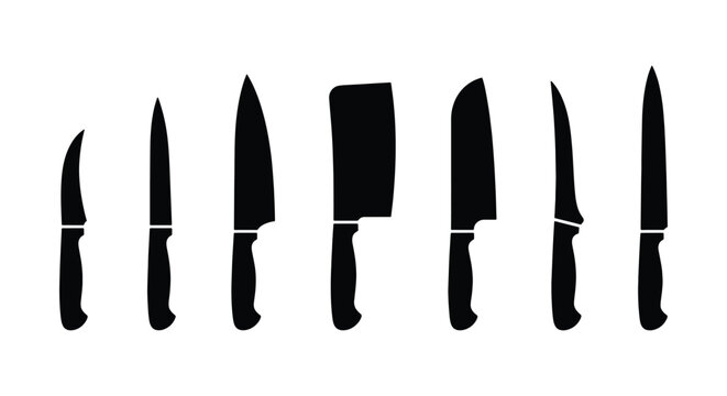 Professional kitchen knife silhouettes set, collection of 7 chef cutlery icons, black steel blade shapes for restaurant menu and cooking design