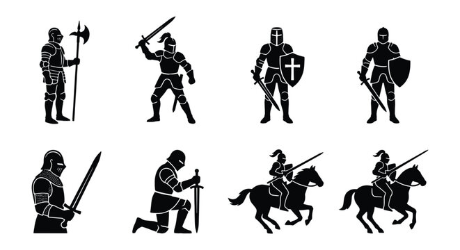 Medieval knight silhouette icons, 8 black warrior vector elements, ancient armored soldiers with swords and shields, cavalry on horseback set