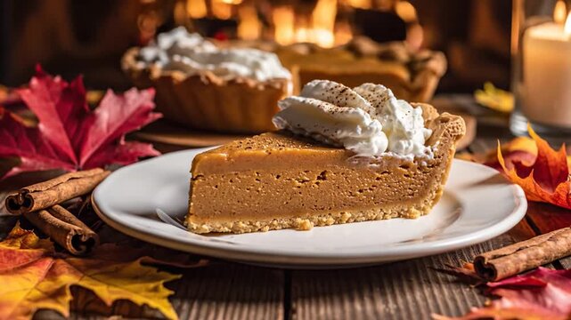 Delicious pumpkin pie slice with whipped cream on plate in warm setting