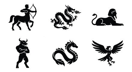 Obraz premium Mythological creatures black silhouette icons, set of 6 fantasy monster vector illustrations, ancient legend beast symbols for gaming and logo design