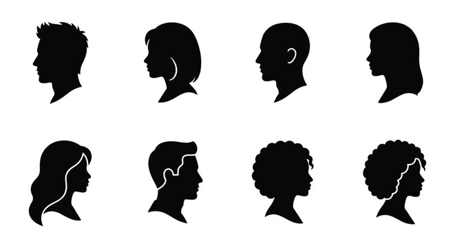 Human profile head silhouettes, set of 8 diverse male and female face icons, black side view portrait avatars for user interface design