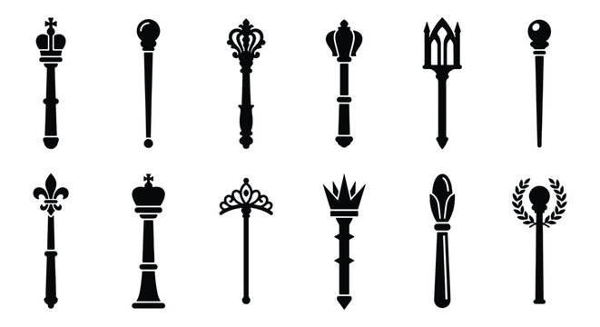 Royal scepter icon set, medieval king and queen ceremonial wands, 12 black silhouette scepters with crowns and fleur-de-lis, monarch authority symbols